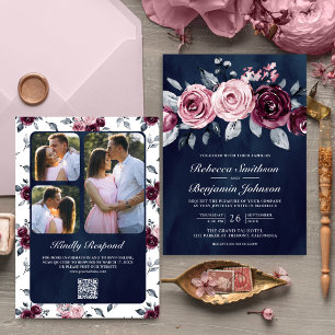Invitation Code QR Fleurs Rose Poudré Violet Navy Mariage