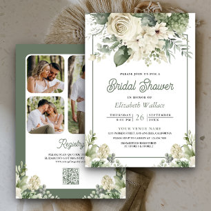 Invitation Code QR Fleurs Vert Ivoire pour Baby Shower Mariag