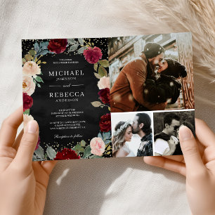 Invitation Code QR Floral de pêche de Bourgogne Mariage Noir