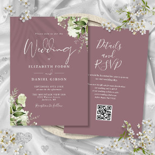 Invitation Code QR floral de verdure mauve pour mariage