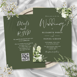 Invitation Code QR floral de verdure vert olive pour mariage