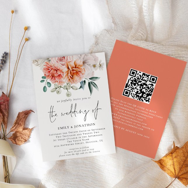 Invitation Code QR Floral Fleurs Pivoines Pêche Mariage (Front and back view)