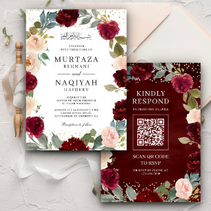 Invitation Code QR Floral Mariage Musulman Bourguignon Peach