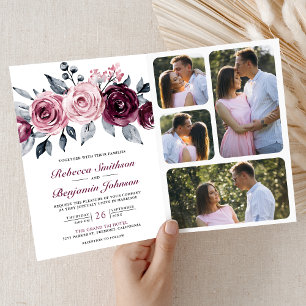 Invitation Code QR Floral Mariage Rose Poussiéreux Prune Viol