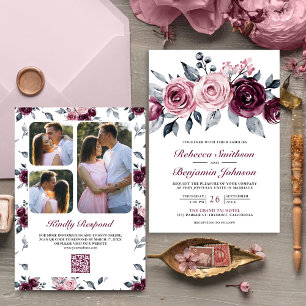 Invitation Code QR Floral Mariage Rose Poussiéreux Prune Viol
