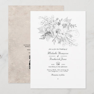 Invitation Code QR Floral RSVP pour Mariage Blanc