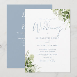 Invitation Code QR floral verdure bleu poussiéreux de mariage
