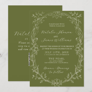 Invitation Code QR floral vert olive élégant pour mariage Old