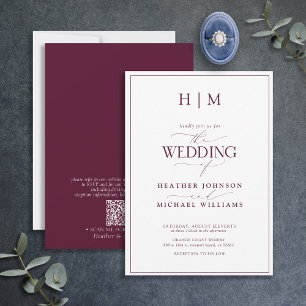 Invitation Code QR Formel Mariage Monogramme Bordeaux Écritur