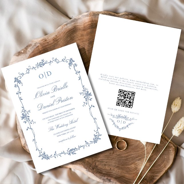 Invitation Code QR français victorien Floral Mariage Monogram (Créateur téléchargé)