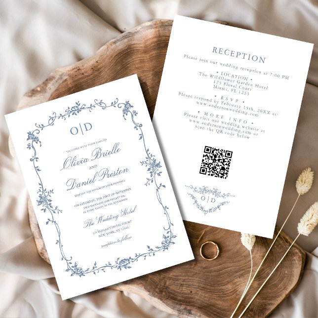 Invitation Code QR français victorien Floral Mariage Monogram (Créateur téléchargé)