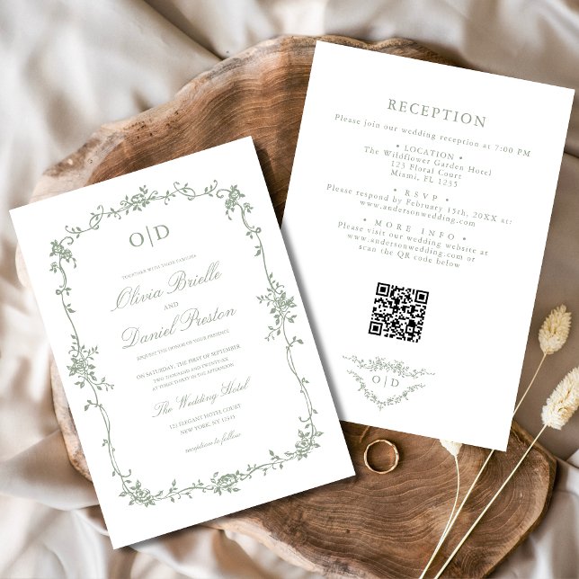 Invitation Code QR français victorien Sage Mariage floral ver (Créateur téléchargé)