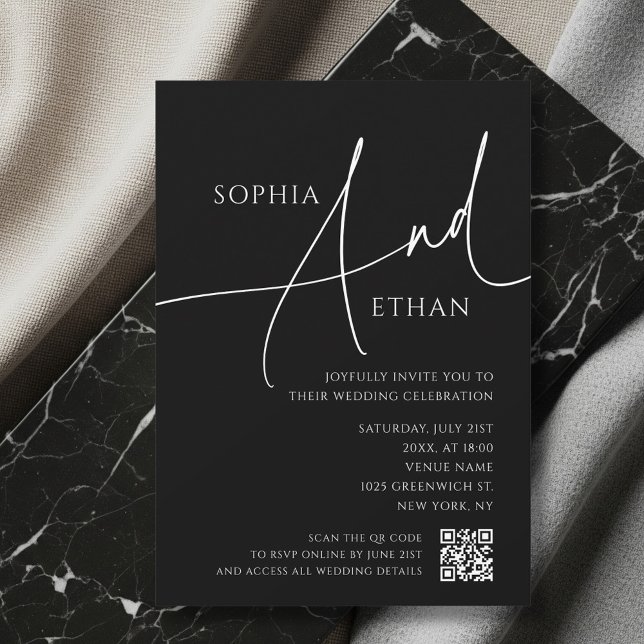 Invitation Code QR humeur Mariage Noir Écriture Simple (Créateur téléchargé)