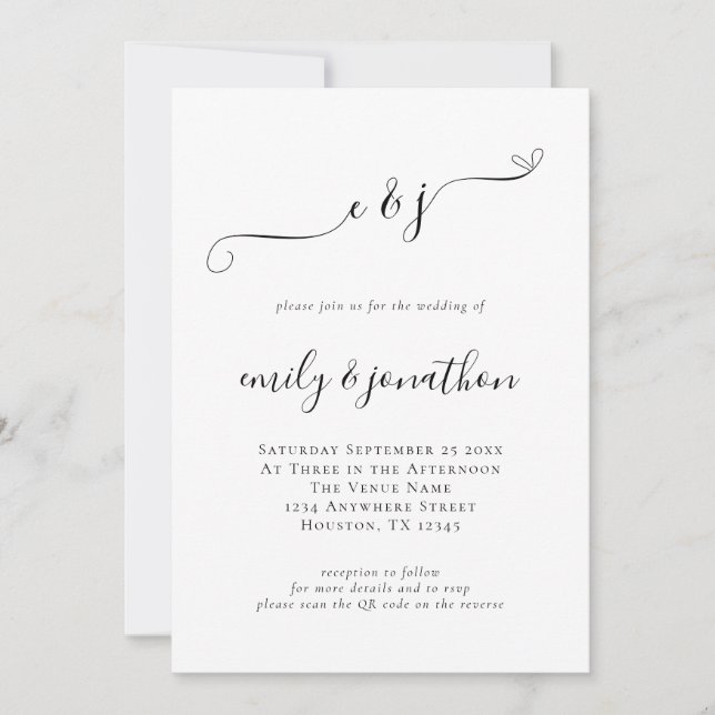 Invitation Code QR Initiales Écriture Élégante Mariage (Devant)