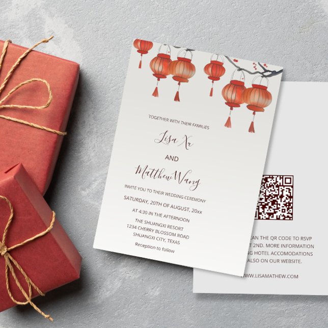 Invitation Code QR | Lanternes aquarelles Mariage chinois (Créateur téléchargé)