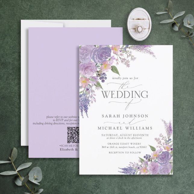 Invitation Code QR Lavande Lavande Mauve Script Mariage flora (Créateur téléchargé)