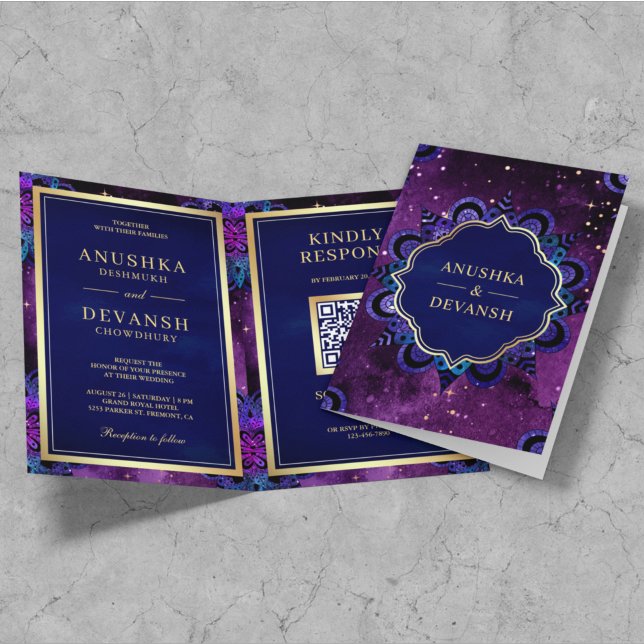 Invitation Code QR Mandala Bleu Galaxie Violette Mariage Indi (Créateur téléchargé)