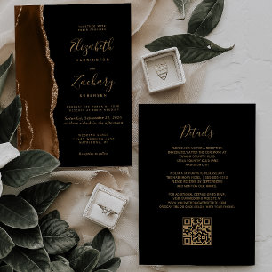 Invitation Code QR Mariage Agate Noir Brun Moka Or