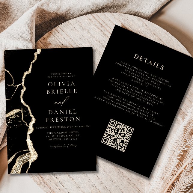Invitation Code QR Mariage Black Gold Agate Elegant (Créateur téléchargé)