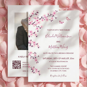 Invitation Code QR   Mariage blanc rose Fleurs de cerisiers
