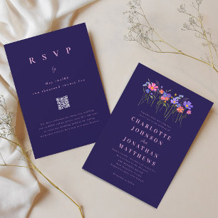 Invitation Code QR Mariage Bohème Fleur Sauvage Bleu Nuit Ros