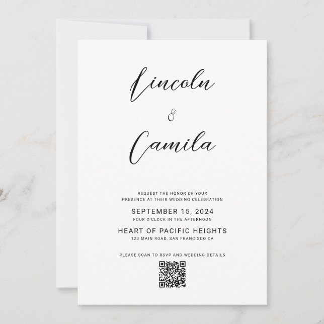 Invitation Code QR | Mariage de budget de script élégant mini (Devant)