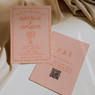 Invitation Code QR Mariage Dessiné à la Main Corail Rétro