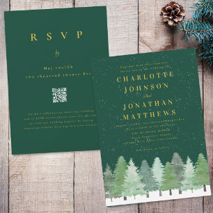 Invitation Code QR Mariage d'Hiver Bois Moderne Vert Or