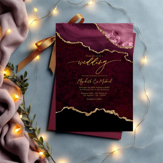 Invitation Code QR Mariage Elegant Bourgogne et Or (Elegant Burgundy and Gold Agate Wedding QR Code Invitation)