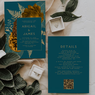 Invitation Code QR Mariage Fleur Bleu Sarcelle Or Orange Brûl