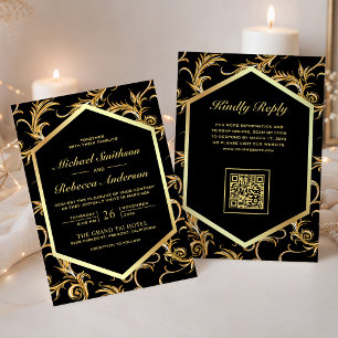 Invitation Code QR Mariage Floraison de Farine d'Or Noir
