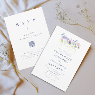 Invitation Code QR Mariage Floral Moderne Fleur Sauvage Bleu 