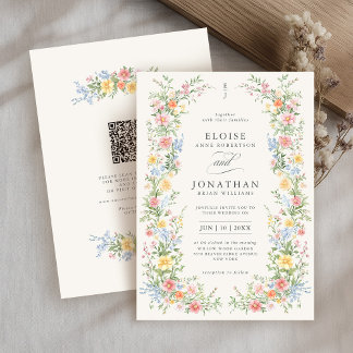 Invitation Code QR Mariage Floral Printanier Orné Pastel Doux