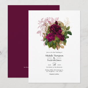 Invitation Code QR Mariage Floral Shabby Or Bourgogne Rose