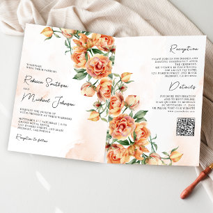 Invitation Code QR Mariage Floral Terreux Pêche Rustique