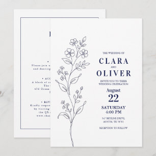 Invitation Code QR Mariage Ligne Artistique Florale Bleu Nuit