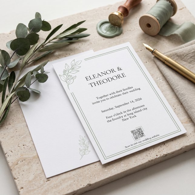 Invitation Code QR Mariage Luxe Tranquille Vert Sauge (Sage Green Quiet Luxury QR Code Wedding Invitation)