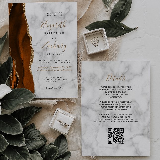 Invitation Code QR Mariage Marbre Agate Or Brûlé Doré (Créateur téléchargé)