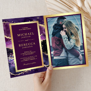 Invitation Code QR Mariage Marbre Agate Or Pourpre