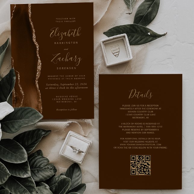 Invitation Code QR Mariage Marron Agate Or Moka (Créateur téléchargé)