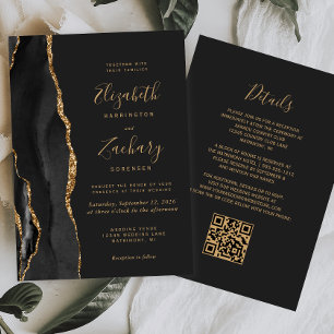 Invitation Code QR Mariage Moderne Agate Noir Or Sombre