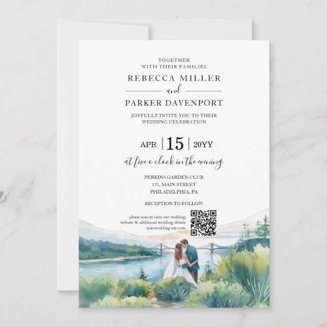 Invitation Code QR Mariage moderne de Riverside (Devant)