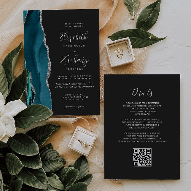 Invitation Code QR Mariage Moderne Turquoise Argent Agate Fon (Créateur téléchargé)