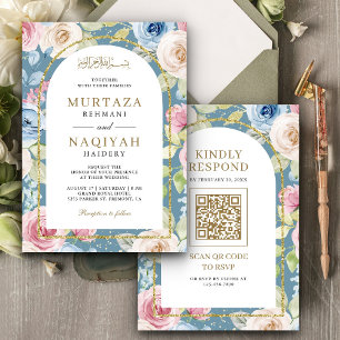 Invitation Code QR Mariage Musulman Bleu Arche Dorée Fleurs D