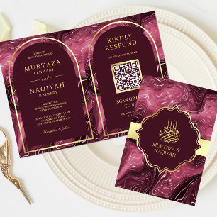 Invitation Code QR Mariage Musulman Marbre Agate Bourgogne