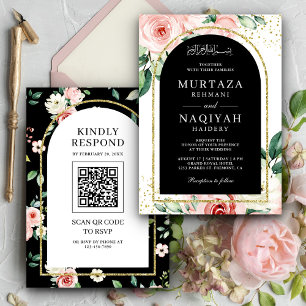 Invitation Code QR Mariage Musulman Noir à Fleurs Roses