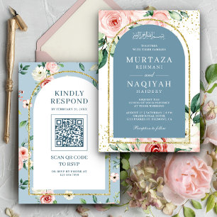 Invitation Code QR Mariage Musulman Voûte Bleu Poussiéreux Fl