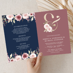Invitation Code QR mariage Navy Fleurs Rose Poussiéreuse Espe