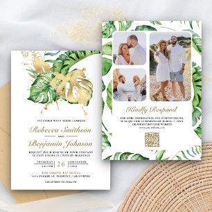 Invitation Code QR Mariage Palmier Tropical Monstera Or