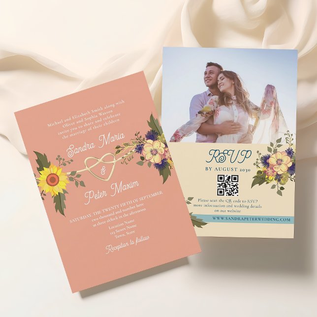 Invitation Code QR Mariage Pêche Floral (Créateur téléchargé)
